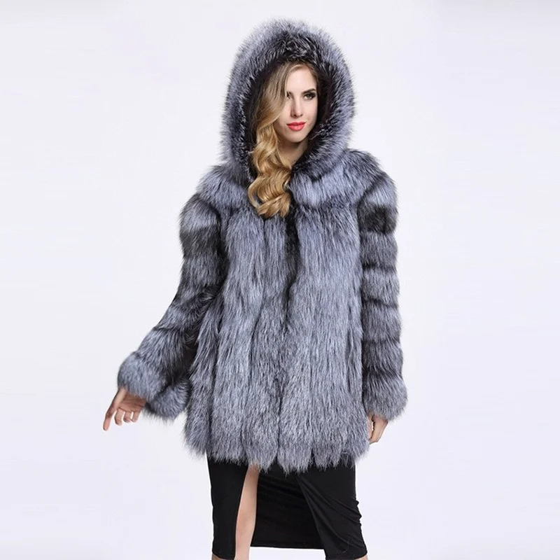 Donsignet Fashion New Solid  Faux Fox Fur Coat Women Mid Length Coat Long Sleeve Hooded Women Jacket