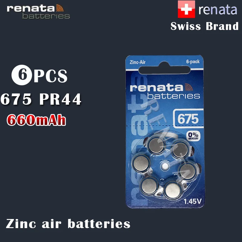 6 шт. Renata 675 1,45 в 660 мАч цинковые воздушные батареи A675 PR44 P675 для слуховых аппаратов батареи кнопки монетные батареи