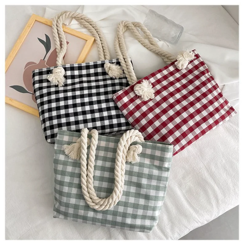 

Ladies shoulder bag large capacity bag female 2021 new trendy plaid canvas single shoulder drag special bag student bag
