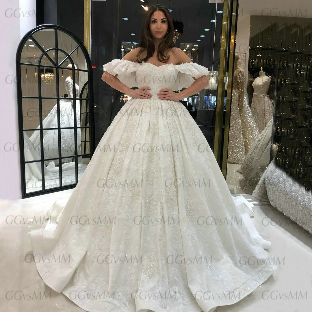 

Luxury Lace Up Wedding Gowns White Off Shoulder 2021 vestido de novia Ivory Court Train Bridal Dresses Custom Made suknia slubna