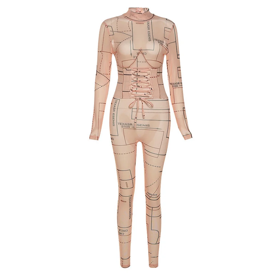 

2021Mesh Print Sexy Skinny Jumpsuit Women Turtleneck Zipper Fitness See Through Corest Overall Clubwear Femal One Piece Outfits