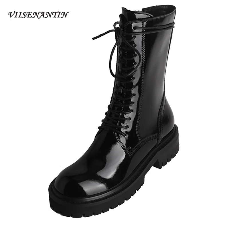 

Модные ботинки мартинсы из воловьей кожи со шнуровкой на толстой подошве на молнии в британском стиле рыцарские ботинки средней длины из ла...