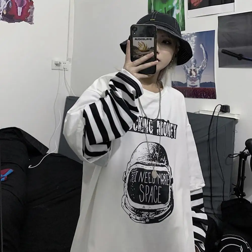 70% Hot Sell Women Stripes Patchwork Letters Print Blouse Fake Two Piece Oversized T-shirt