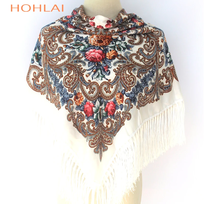 110*110cm Women Russian National Scarf Shawl Lady Tassel Floral Print Cotton Headscarf Wraps Beach Travel Shade Shawls Bandana