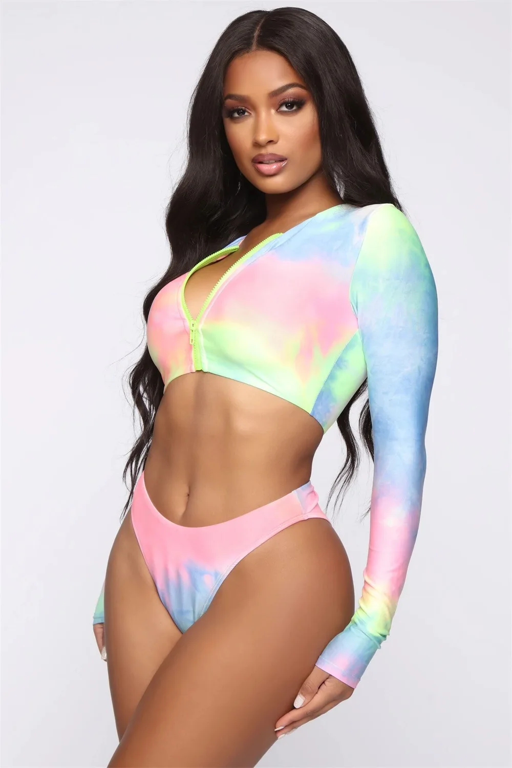 

Plus Size Bikini Set 2021 New Arrival Sexy Two Piece Swimwear Printed Zipper Collar Long Sleeves Swumsuit for Woman