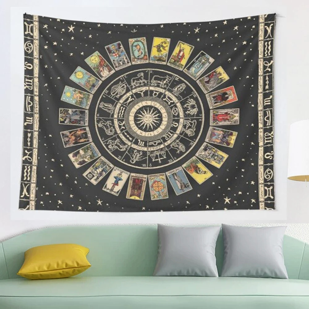 

Wheel of the Zodiac Astrology Chart and the Major Arcana Tarot tapestry Blanket Tapestry Bedroom Bedspread Decoration