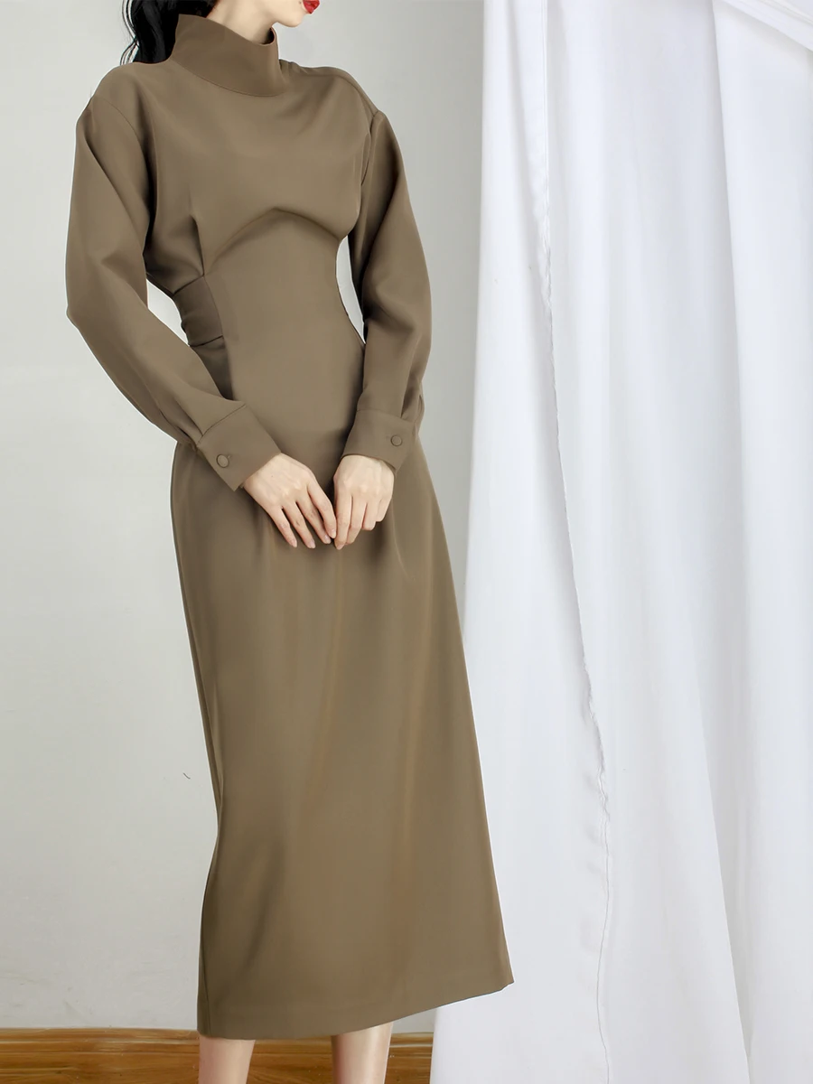 Платье-Карандаш женское с завышенной талией длинным рукавом и поясом на молнии |