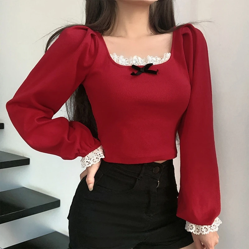 

Women French Vintage T Shirt Sexy Square Neck Ribbed Slim Crop Top Sweet Bow Ruffle Lace Splicing Streetwear