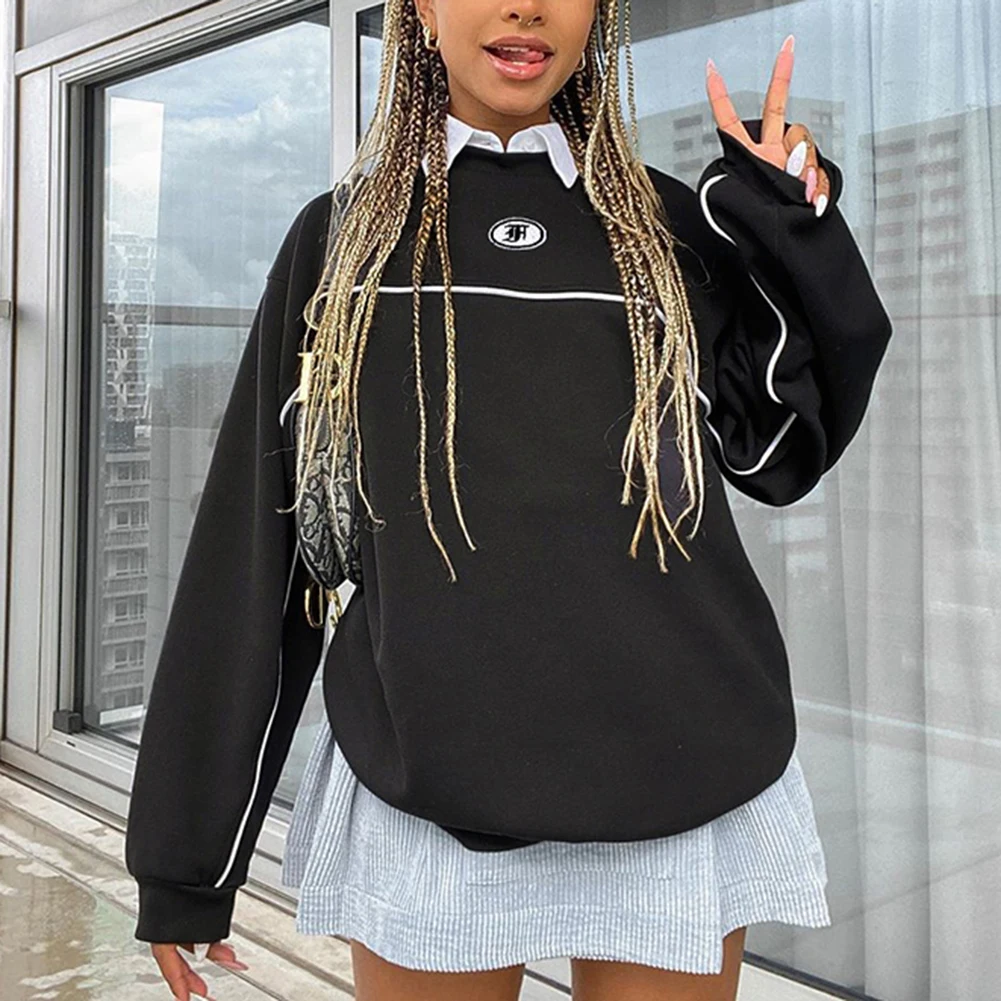 

Harajuku Y2k 2021Sweatshirt Women Letter Print Hoodies Preppy Style Black Striped Sweat Pullover E Girl Tops Streetwear Women
