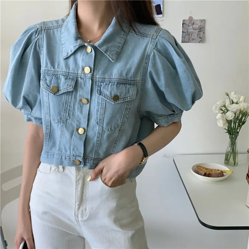 Alien Kitty Korean Vintage Puff Sleeves Loose Jeans Cowboy 2020 Gentle Tops Coat Cardigans Light Washed Blue Denim Jackets | Женская