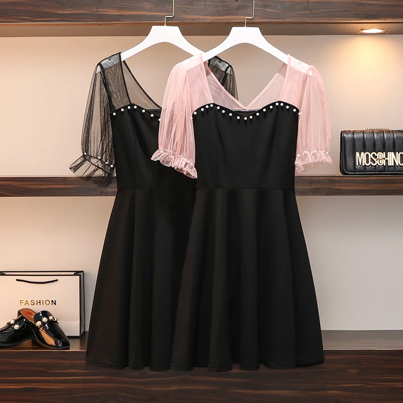 

4XL Plus Size Women Elegant Beading Dresses Summer 2021 Sexy See through Mesh Short Sleeve Patchwork Black A-Line Ladies Dress