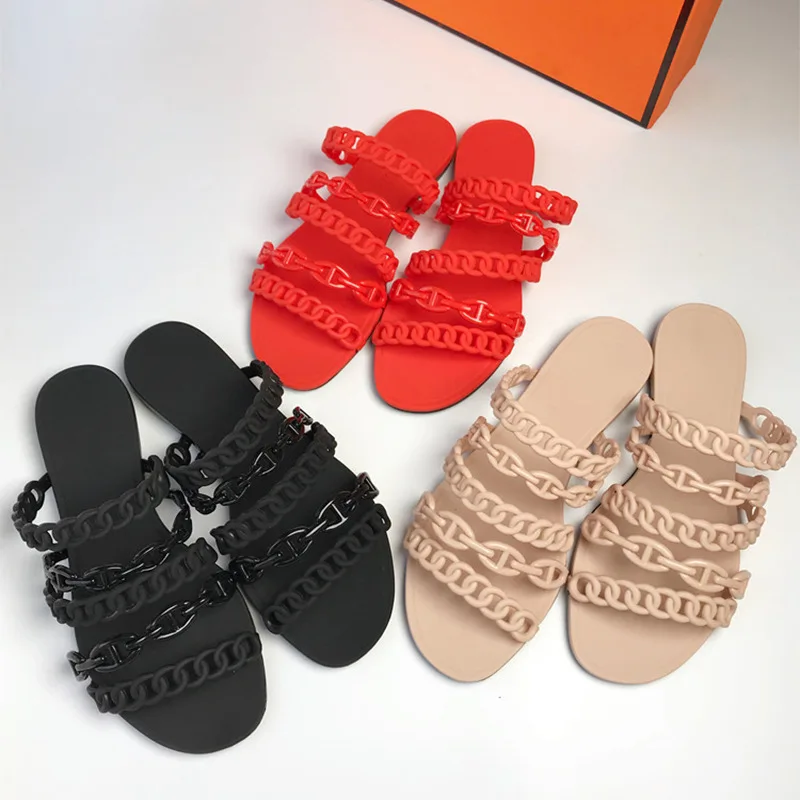 

Womens Chains Cut Out Flat Jelly Slippers Summer Casual Beach Slides Shoes H2