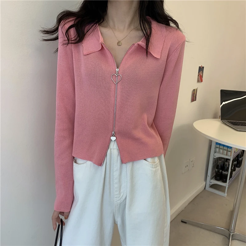 Women's Autumn Retro Double Headed Zipper Polo Collar Long Sleeve Sunscreen Knitted Top with Cardigan Short Thin Jacket images - 6