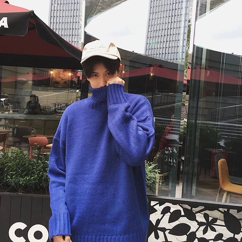 Мужской трикотажный свитер с воротником хомутом облегающий пуловер двойным