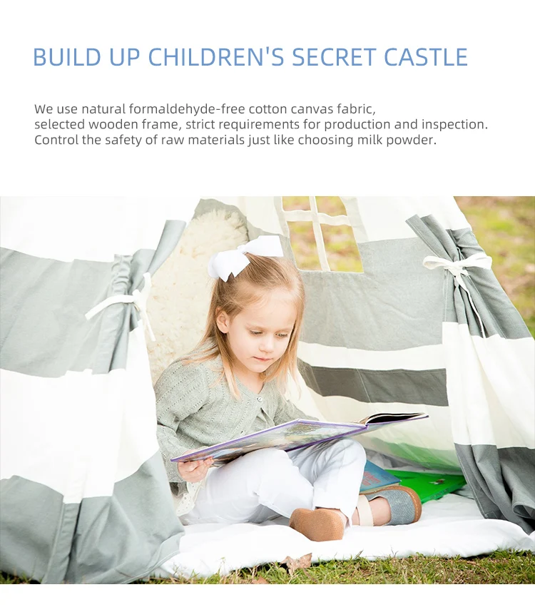 Дети вигвама играть палатки 100% хлопок холст серый в полоску детская типи театр с