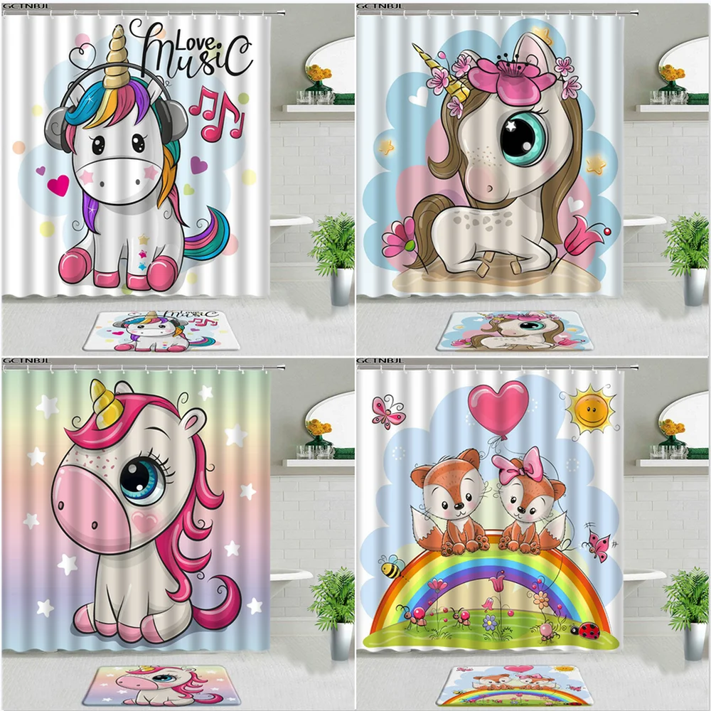 

Unicorn Shower Curtains With Bath Mat Set Non-slip Rugs Cartoon Animals Rainbow Butterfly Children Bedroom Decor Kids Door Mats