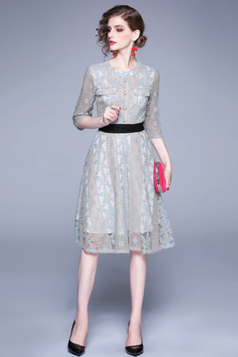 

New Vintage Lace Long Dress 2021 Elegant Summer Slim High Street Party Dress Ladies A Line Floral Dress