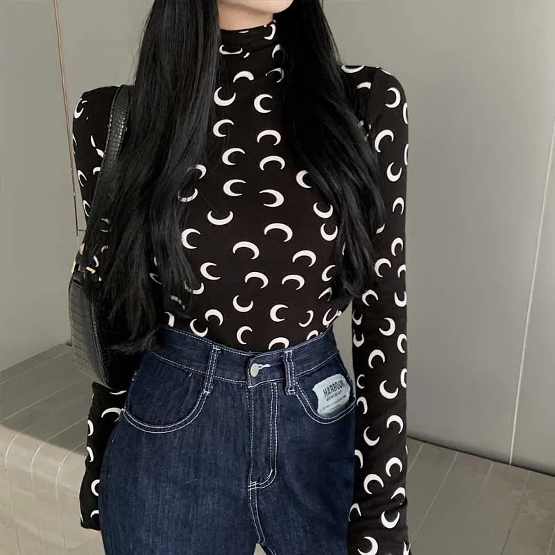 

2021 Designer Moon Print T Shirt Women Turtle Neck Long Sleeve Top Women T Shirt Underwear Clothing