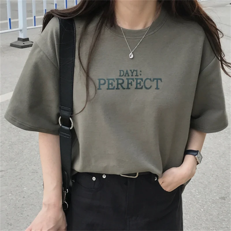 

HziriP New Letter Printed Hot Loose-Fitting 2021 Chic Short-Sleeved Cotton Ladies Summer All-Match Girls Femme Tops T-Shirts