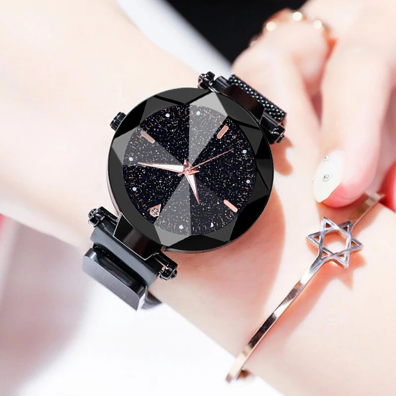 Женские кварцевые часы с магнитной сеткой роскошные дизайном звездного неба