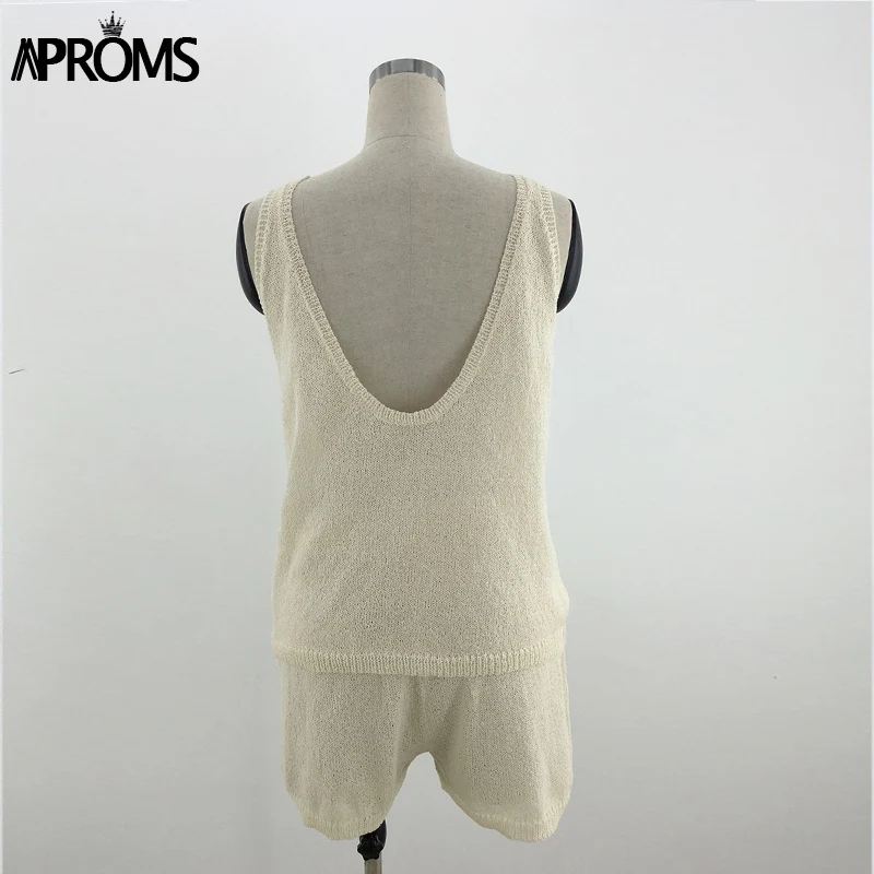 Aproms Boho albaricoque trajes de punto las mujeres Tops y pantalones cortos elegante 2 piezas conjunto de verano de cintura alta playa mameluco Bikini 2021