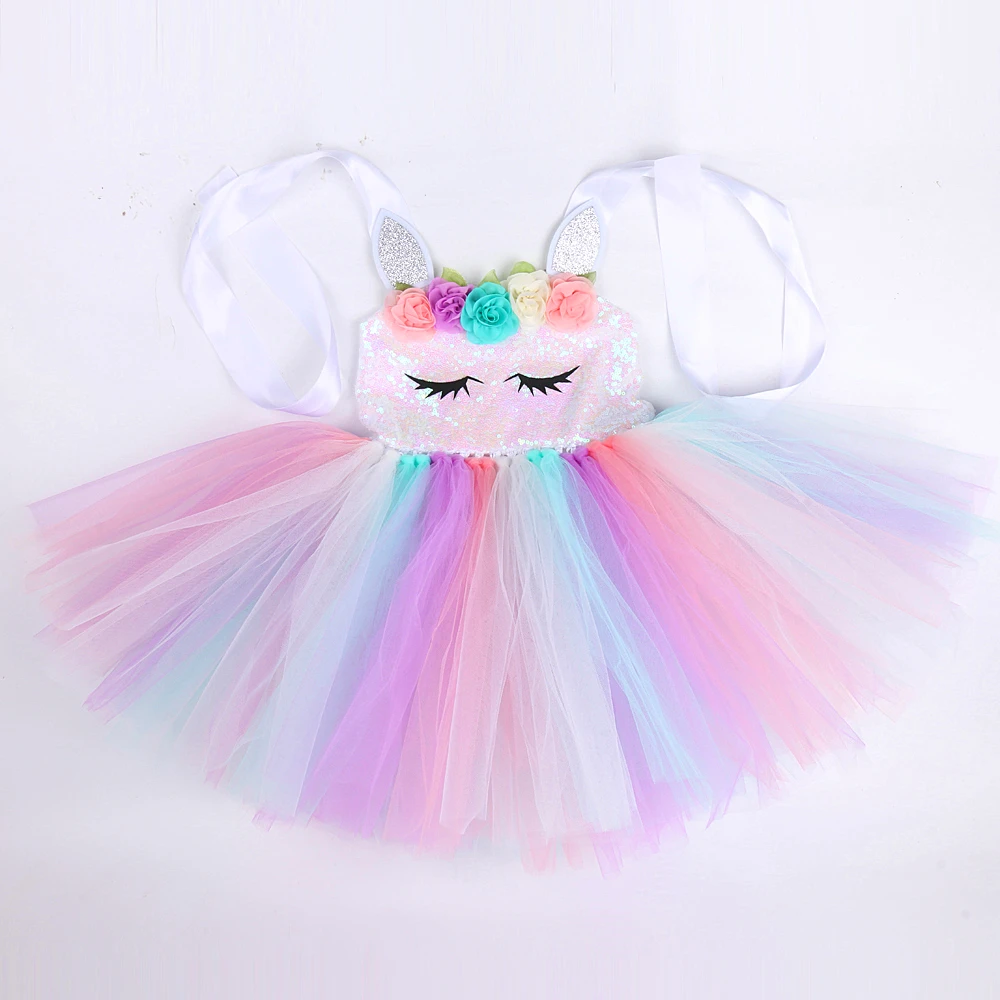 Платье с цветочным узором для девочек Единорог пастельных платье принцессы