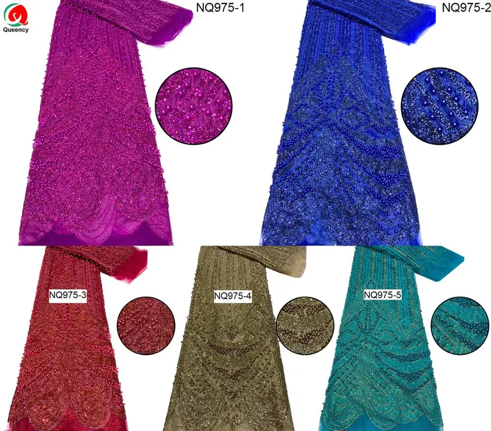 

NQ975 Royal Blue Lace fabric Unique design Nigerian beads and sequind Embroidery Tulle Lace French Net lace Mateials for Dress