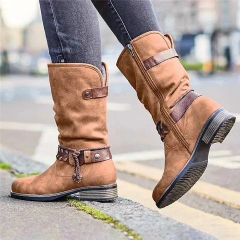 

Women's Fashion Mid-Up Boots Leather Solid Color Square Heel Zipper Casual Long Boots Winter Shoes Footwear High Quality