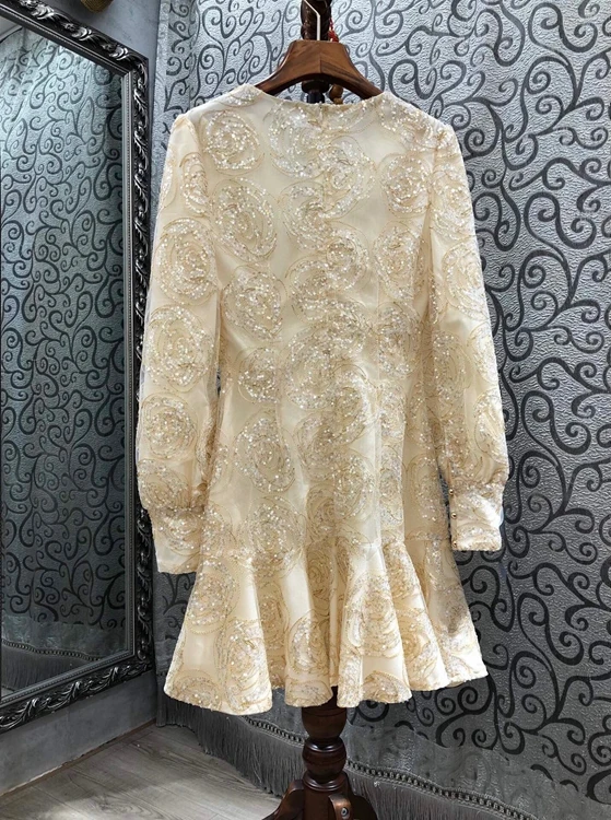 

2021 early spring new women's V-neck heavy sequins decorative ruffled long-sleeved dress 1228