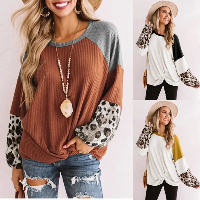 

2021 new stitched leopard knit waffle long sleeve women's top