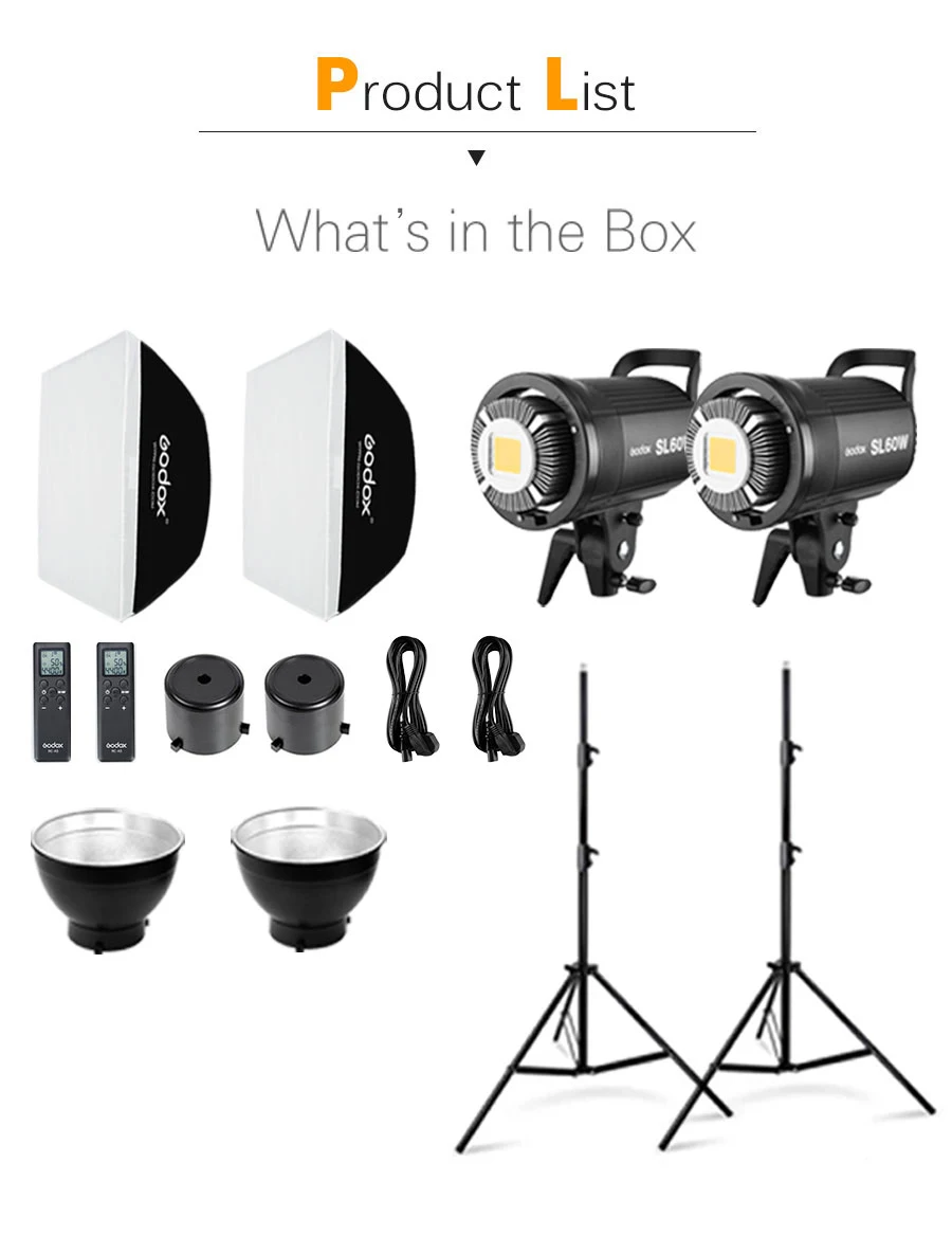 2x Godox SL-60W 60Ws 5600K Studio LED Continuous Photo Video Light+ 2x 1.8m Light Stand+ 2x 60x90cm Softbox LED Light Kit