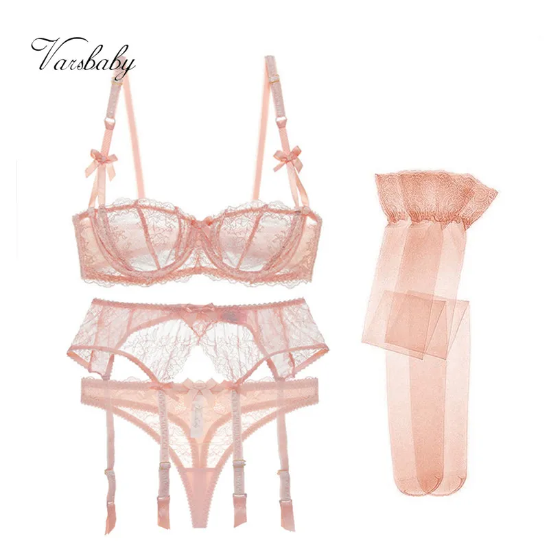 

Varsbaby new arrival sexy lace transparent unlined 1/2 cup plus size underwear set bra+thongs+garters+stockings 4 pcs