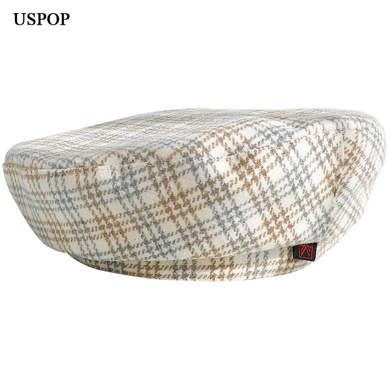 Женский шерстяной берет в клетку с плоским верхом | Аксессуары для одежды