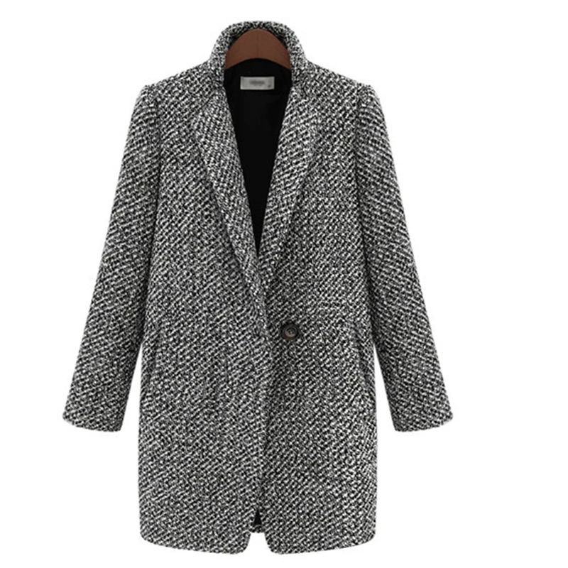 

Winter Coat Women Houndstooth Woolen Coat Fashion Cotton Blend Single Button Pocket Oversize Trench Coat Outerwear Femme
