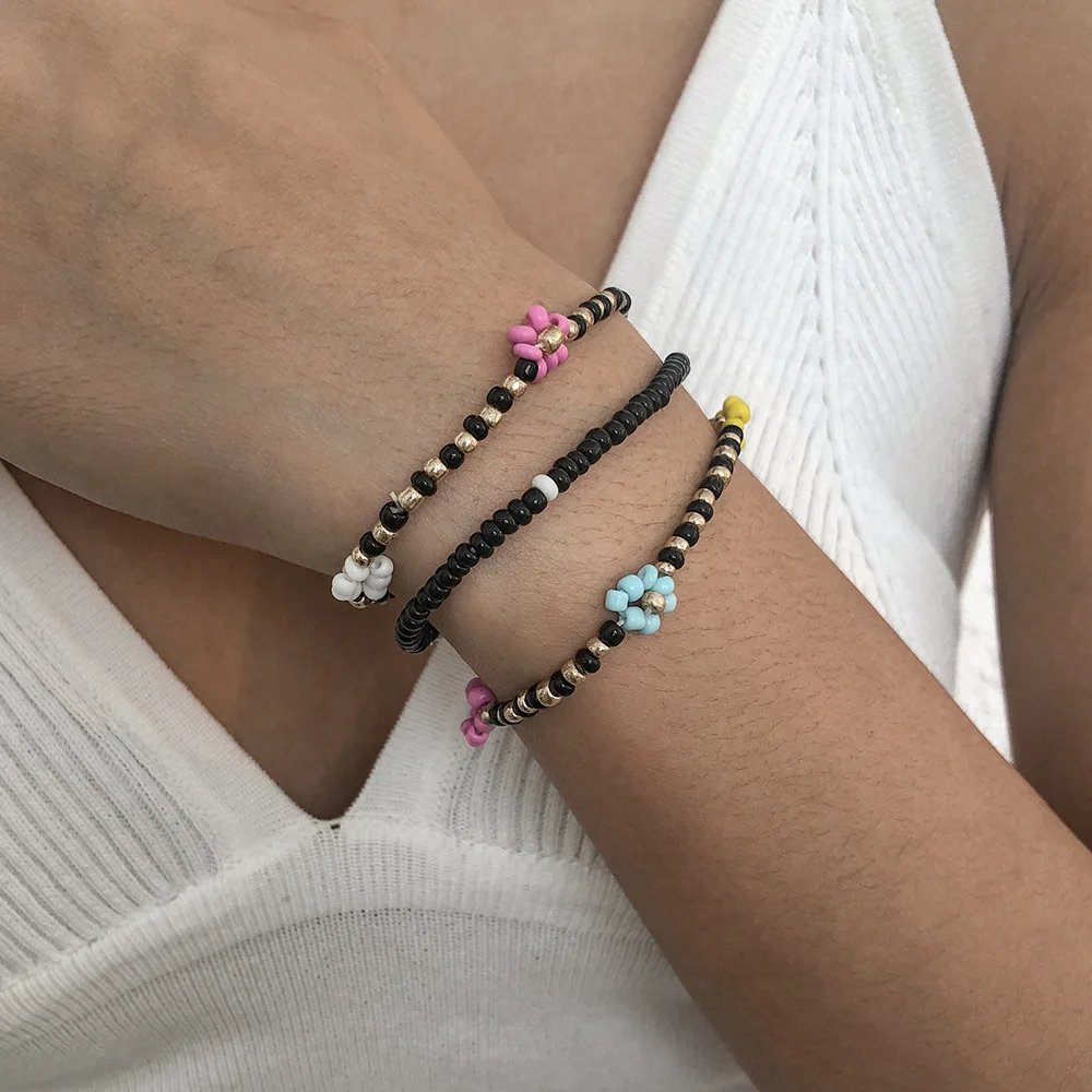

Indie Style Handmade Beaded Flower Bracelets Stacks Boho Aesthetic Kidcore Bohemian Wrist Jewelry Y2K Jewellery