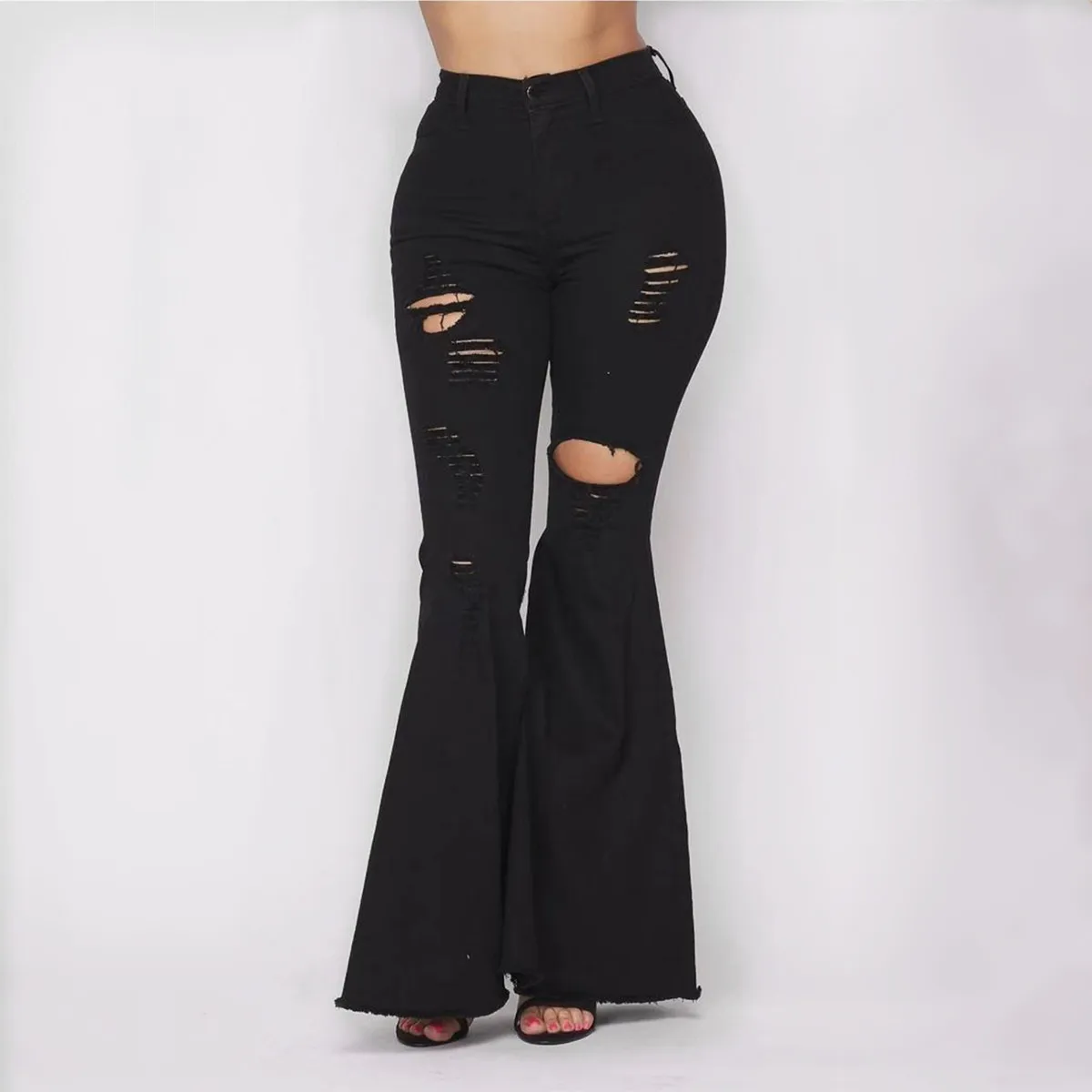 

FNOCE 2020 new women's ripped jeans pants fashion trends sexy elegant solid high waist hole slim denim full Flare Pants