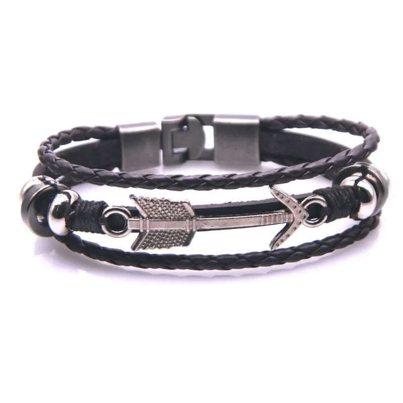 Браслет из 2020 кожи винтажный черный серебристый с якорем многослойный амулет для