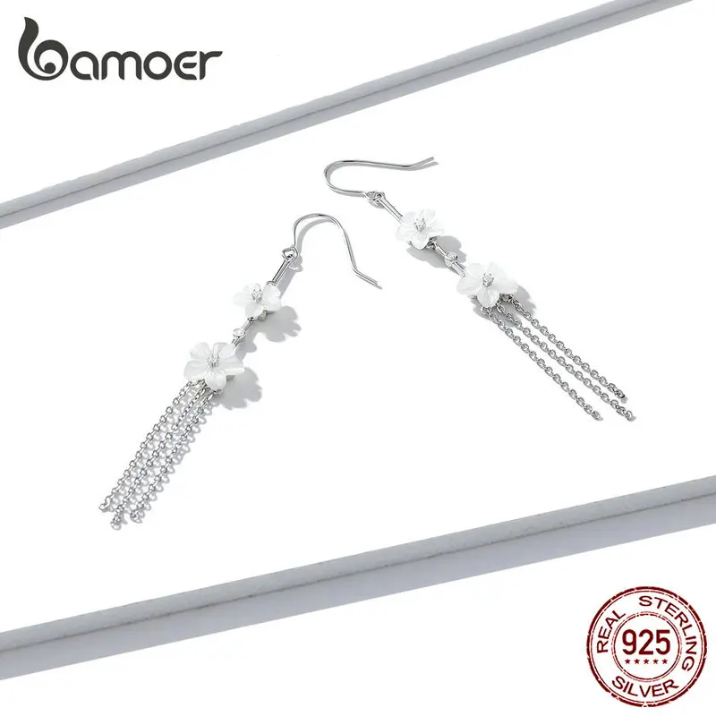 Bamoer, белые серьги-капли с длинной кисточкой в виде цветочной раковины для женщин, модные праздничные ювелирные изделия из натуральной 925 пробы серебра BSE217