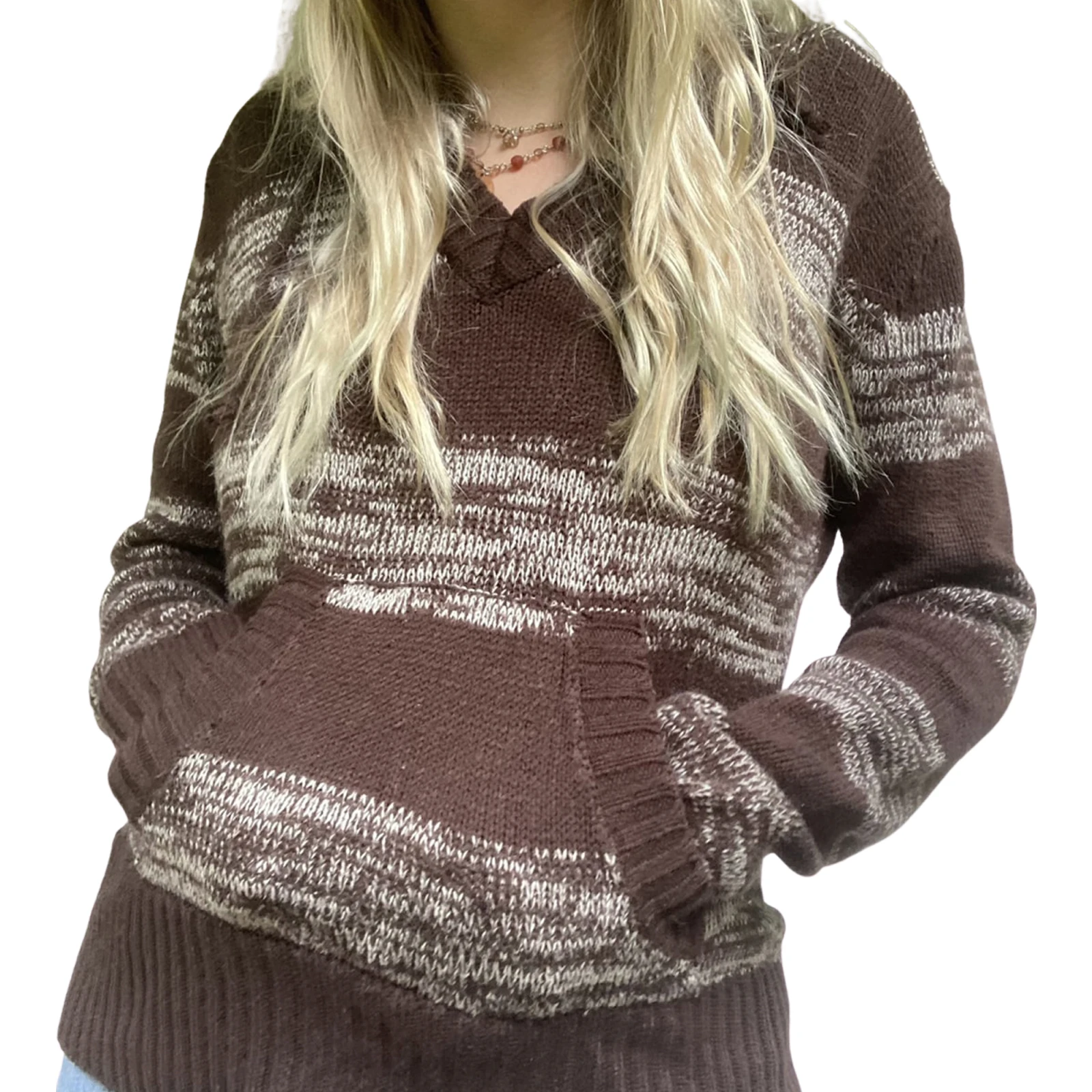 

Women Casual Hooded Sweater Striped Long Sleeve V-neck Knitwear with Pocket