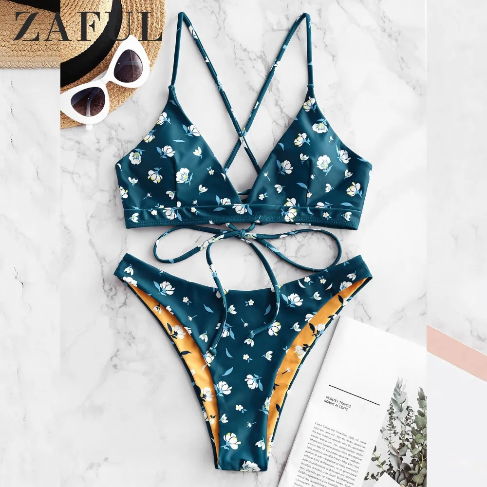 ZAFUL Bikini Floral Print Crisscross Lace-Up Reversible Set Spaghetti Straps Wire Free SwimSuit Holiday Sexy Bathing Suit | Женская