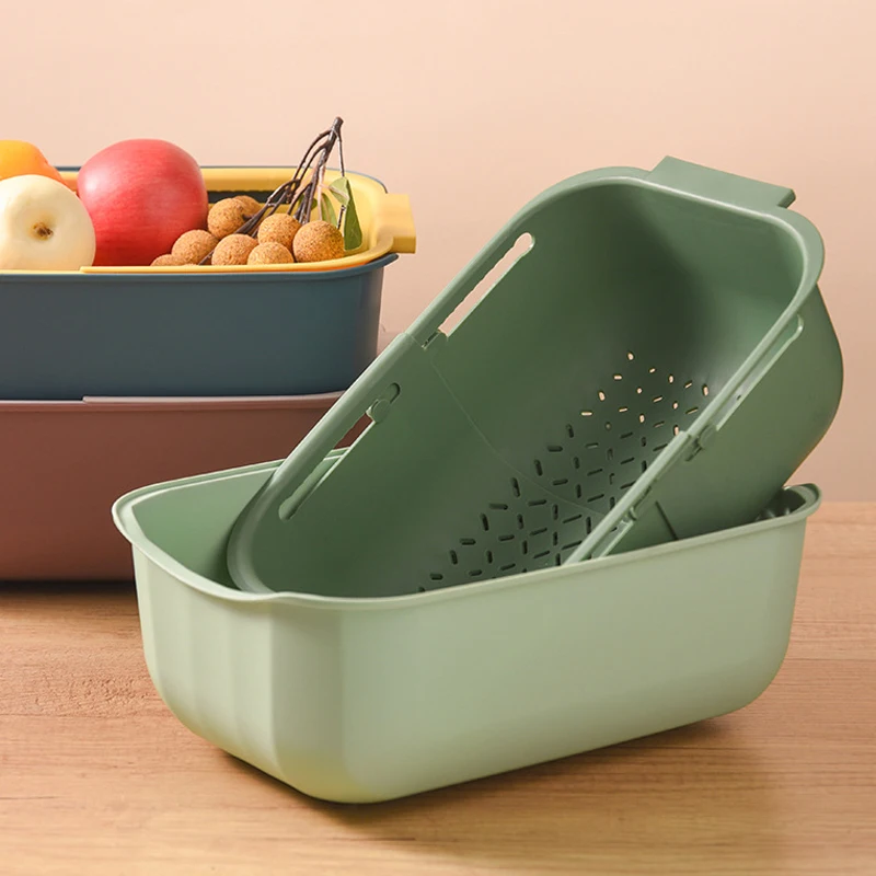 

Nordic Double-Layer Kitchen Drain Basket Vegetable Fruit Storage Organizer Plastic Retractable Hollow Washing Basket For Sink