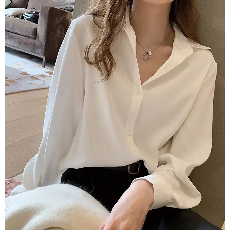 

Women Summer Clothing 2021 White Button Up Shirt Long Sleeve Top Oversized Chiffon Blouse Casual Solid Polo-Neck Clothes S-4XL