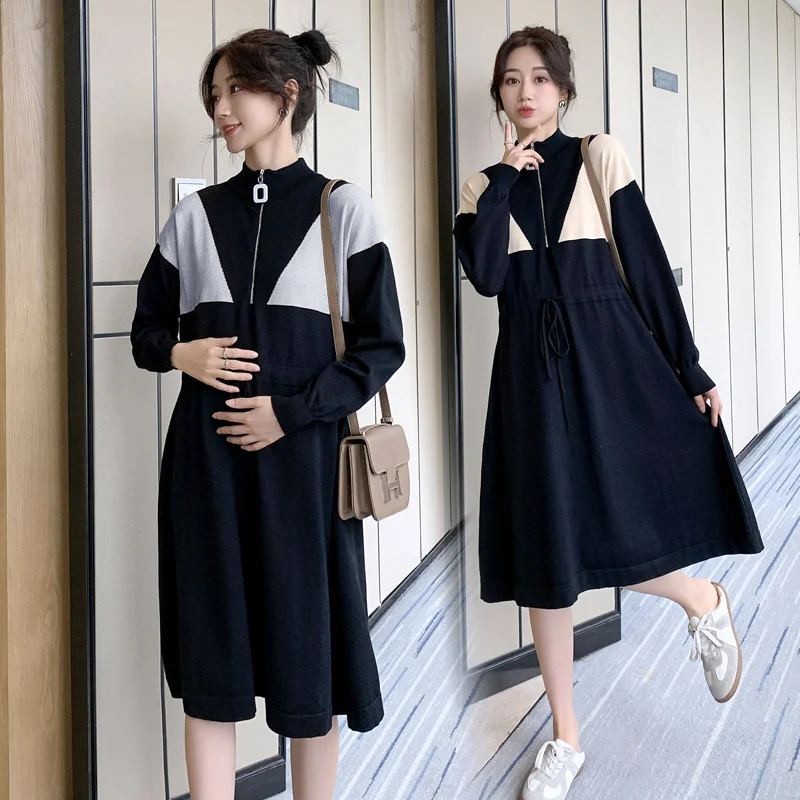 

627 #2021 осень-зима Корейская Мода Трикотажное длинное платье для беременных элегантная трапециевидная тонкая одежда для беременных шикарная...