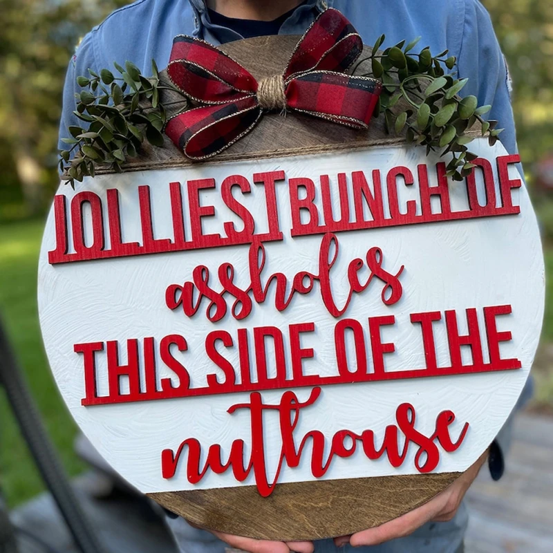 

Merry Christmas Sign Hanging Front Door Wooden Letter Plaque Red Plaid Wreaths New Year Party Home Wall Decor