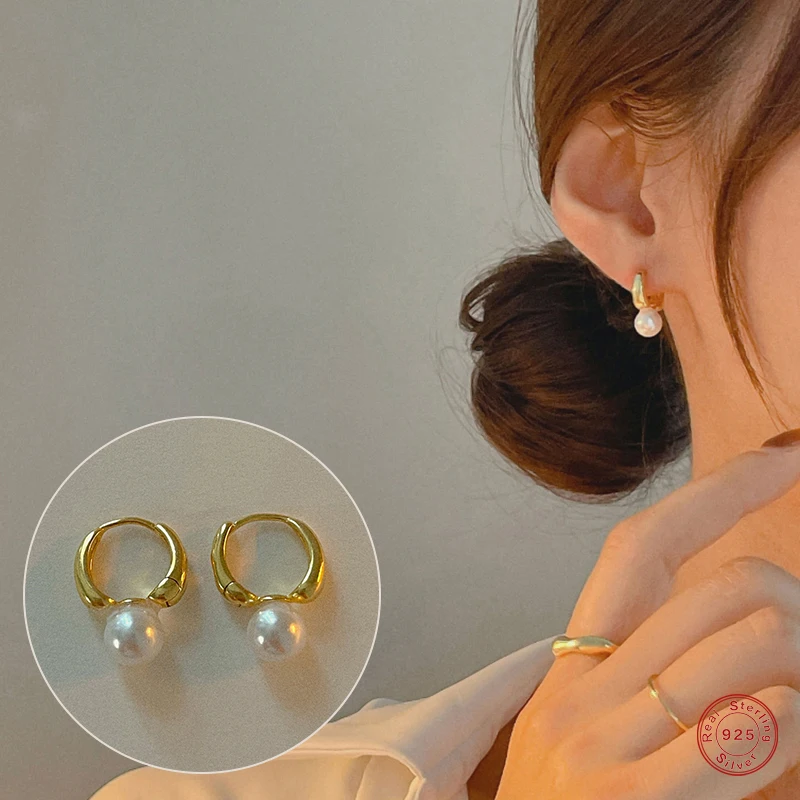 

925 Sterling Silver French Creative Pea Pearl Earrings Women Light Luxury Vintage 14k Gold Plated Tiny Circle Hoop Jewelry Gift