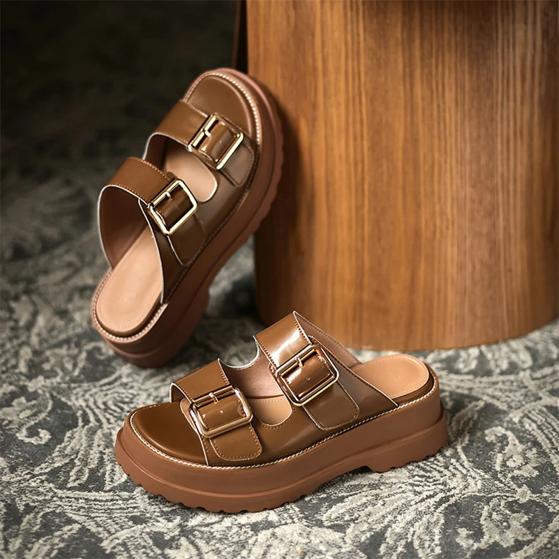 

Meotina Women Slippers Shoes Genuine Leather Sandals Platform Wedges High Heel Shoes Buckle Square Toe Ladies Footwear Summer 42