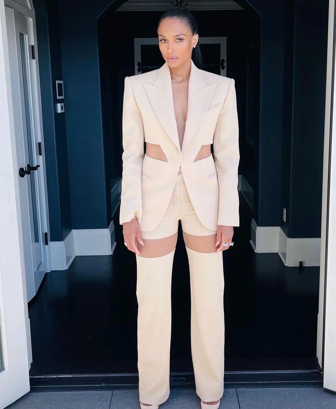 

Women Winter Sexy V Neck Long Sleeve Beige Cut Out Two Piece Cotton Set 2021 Celebrity Designer Evening Party Women's Set