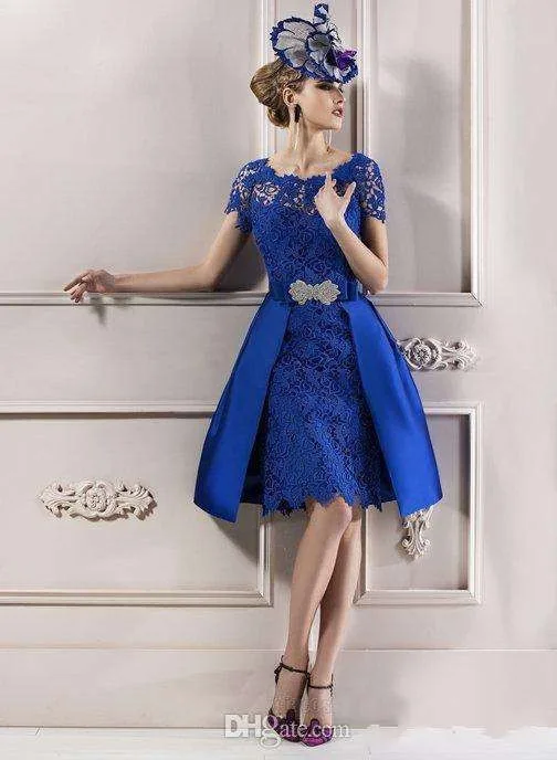 

Сдержанные Элегантные платья для матери невесты, кружевное атласное вечернее платье Королевского синего цвета с коротким рукавом, дизайн-ф...