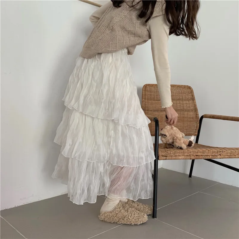 

Women Spring New Black White Chiffon Super Fairy Skirt High Elastic Waist Layered Cake Skirt Fashion Pleat Wrinkled Midi Skirt