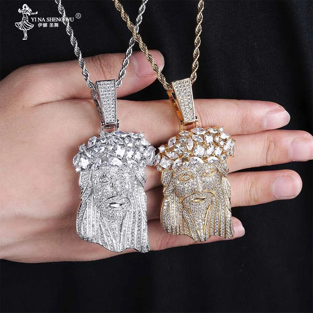 

New Big Jesus Necklace & Pendant With Rope Chain Gold Color Iced Out Cubic Zircon Men's Hip Hop Jewelry Gift For Men Rapper 2020